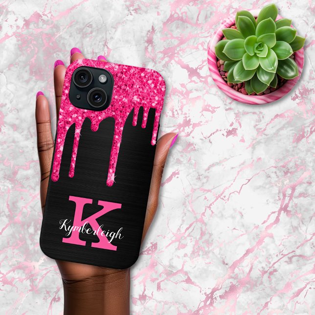 Girly Black Hot Pink Glitter Drips Monogram Name Case-Mate iPhone Case (Creator Uploaded)