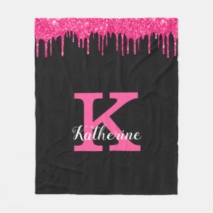 Girly Black Hot Pink Glitter Drips Monogram Name Fleece Blanket