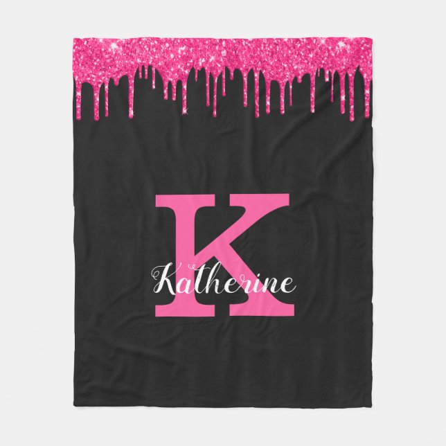 Girly Black Hot Pink Glitter Drips Monogram Name Fleece Blanket (Front)