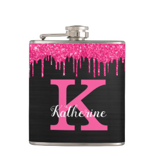 Girly Black Hot Pink Glitter Drips Monogram Name Hip Flask