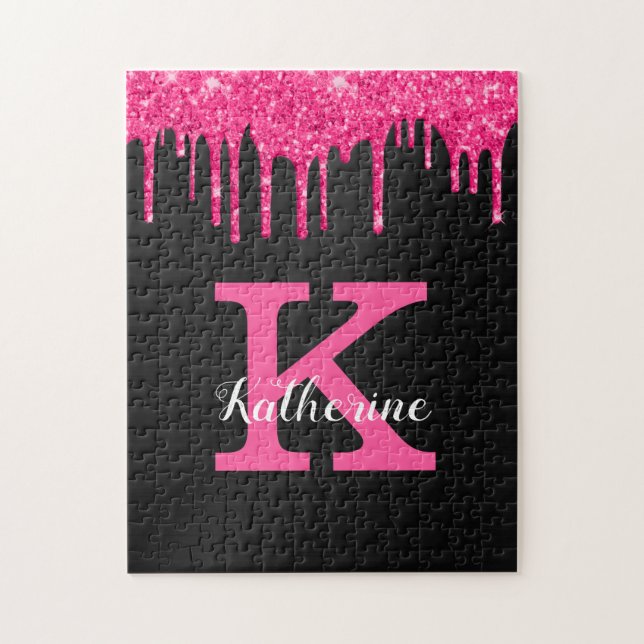 Girly Black Hot Pink Glitter Drips Monogram Name Jigsaw Puzzle (Vertical)