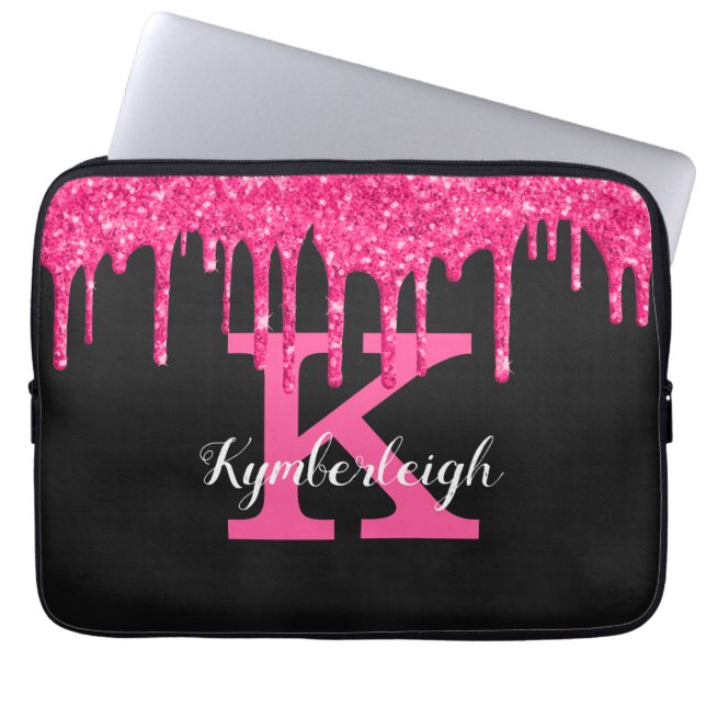 Girly Black Hot Pink Glitter Drips Monogram Name Laptop Sleeve (Front)