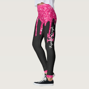 Girly Black Hot Pink Glitter Drips Monogram Name Leggings