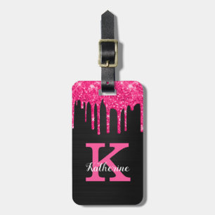 Girly Black Hot Pink Glitter Drips Monogram Name Luggage Tag
