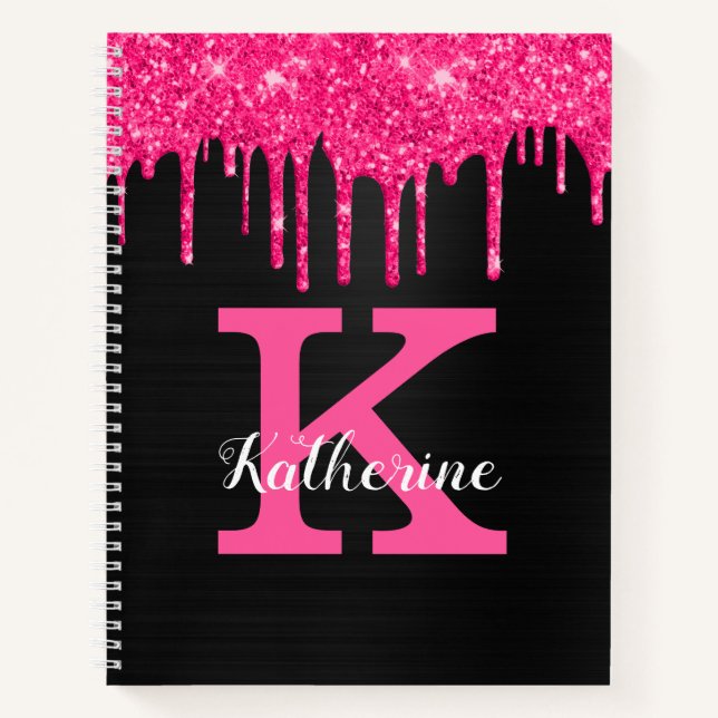 Girly Black Hot Pink Glitter Drips Monogram Name Notebook (Front)