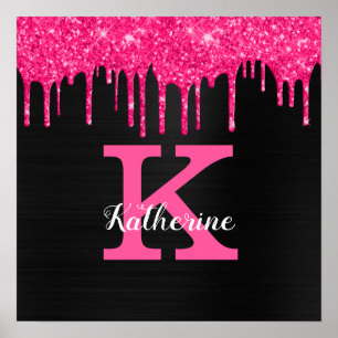 Girly Black Hot Pink Glitter Drips Monogram Name Poster
