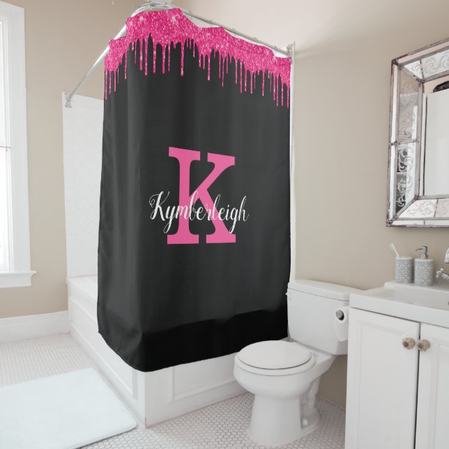Girly Black Hot Pink Glitter Drips Monogram Name Shower Curtain (In Situ)