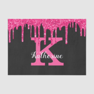 Girly Black Hot Pink Glitter Drips Monogram Name Tissue Paper
