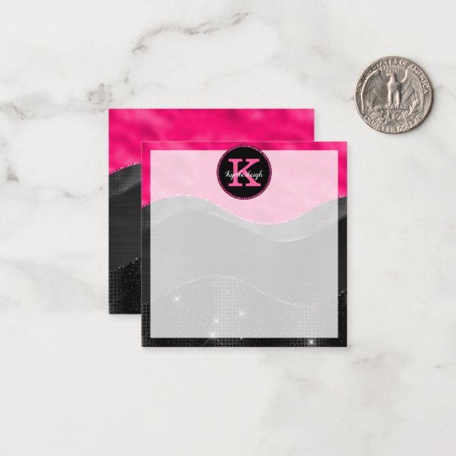 Girly Black Hot Pink Grey Waves Glam Monogram Name Card (Front/Back In Situ)