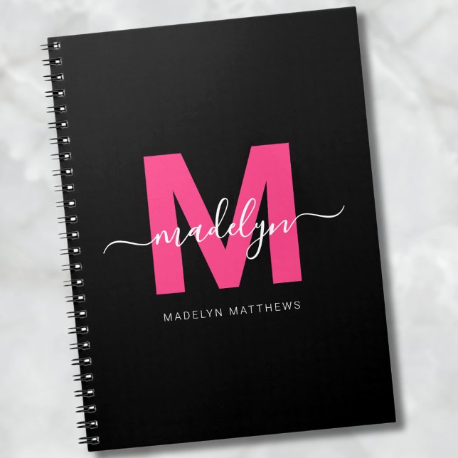 Girly Black Hot Pink Initial Monogram Name Notebook (Girly Black Hot Pink Initial Monogram Name notebook)