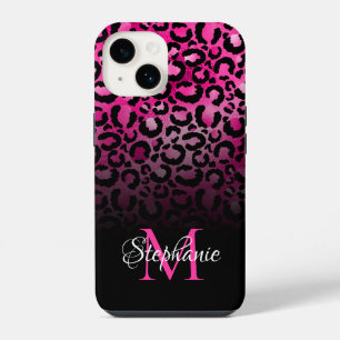 Girly Black Hot Pink Leopard Ombre Monogram iPhone 14 Case