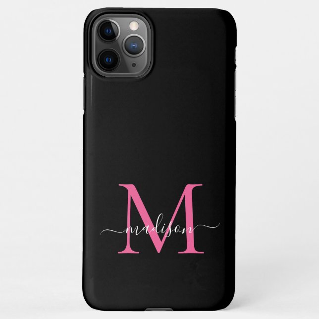 Girly Black Hot Pink Monogram Feminine Script Name iPhone Case (Back)