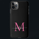 Girly Black Hot Pink Monogram Feminine Script Name iPhone 11Pro Max Case<br><div class="desc">Modern Girly Black Hot Magenta Pink Monogram Feminine Script Name Phone Case</div>