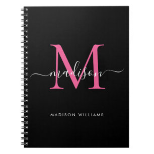 Girly Black Hot Pink Monogram Script Name Initial Notebook