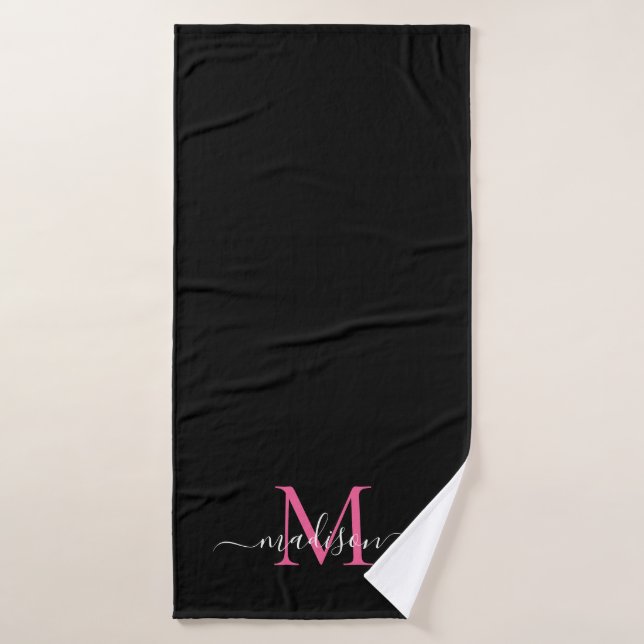 Girly Black Magenta Hot Pink Monogram Script Name Bath Towel (Bath Towel)