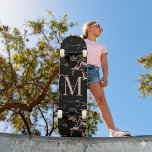 Girly Black Marble Rose Gold Foil Monogram Skateboard<br><div class="desc">Girly Black Marble Rose Gold Foil Monogram Skateboard with trendy coppery rose gold/pink on black marble and your custom monogram. Perfect for your girly,  luxury esthetic.</div>
