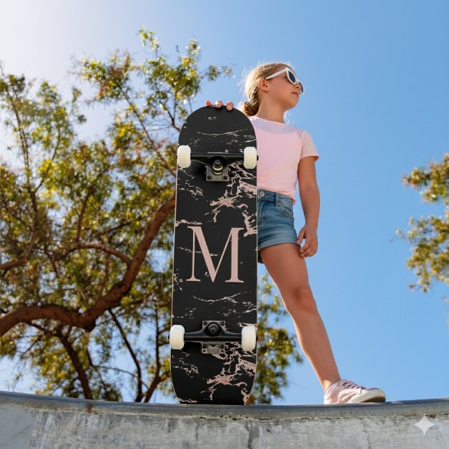 Girly Black Marble Rose Gold Foil Monogram Skateboard (Girly Black Marble Rose Gold Foil Monogram Skateboard)