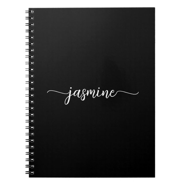 Girly Black Modern Script Monogram Name Notebook (Front)