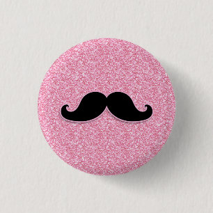 GIRLY BLACK MUSTACHE PINK GLITTER PRINTED 3 CM ROUND BADGE