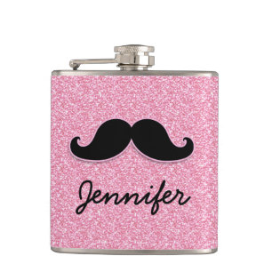 GIRLY BLACK MUSTACHE PINK GLITTER PRINTED HIP FLASK