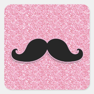 GIRLY BLACK MUSTACHE PINK GLITTER PRINTED SQUARE STICKER