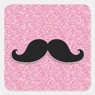 GIRLY BLACK MUSTACHE PINK GLITTER PRINTED SQUARE STICKER