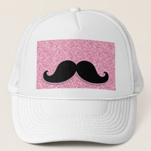 GIRLY BLACK MUSTACHE PINK GLITTER PRINTED TRUCKER HAT