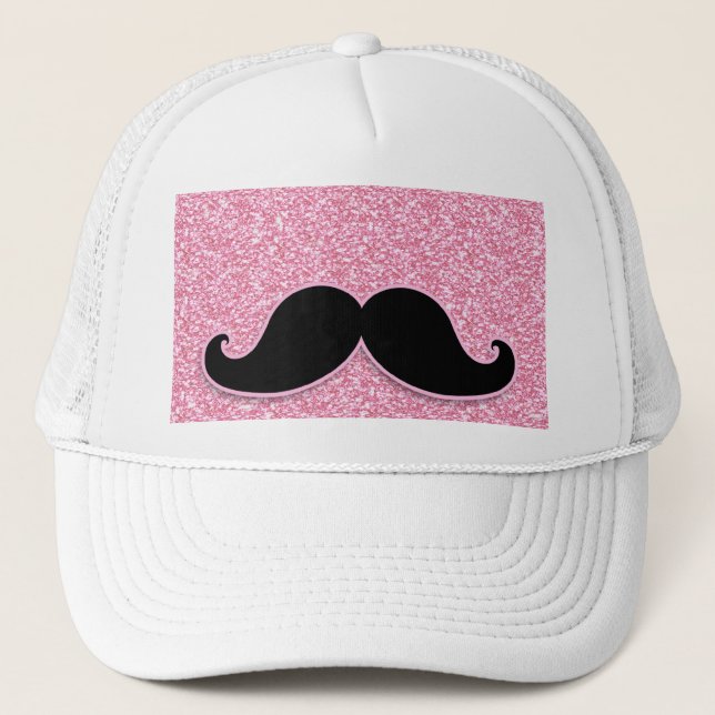 GIRLY BLACK MUSTACHE PINK GLITTER PRINTED TRUCKER HAT (Front)