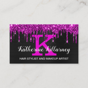 Girly Black Neon Plum Glitter Drips Chic Monogram Business Card