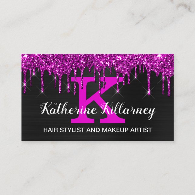 Girly Black Neon Plum Glitter Drips Chic Monogram Business Card (Front)