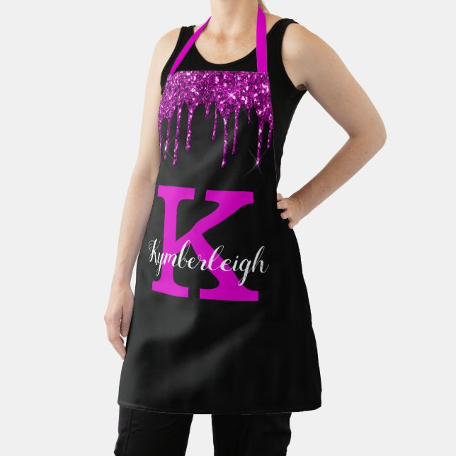 Girly Black Neon Plum Glitter Drips Monogram Name Apron (Insitu)