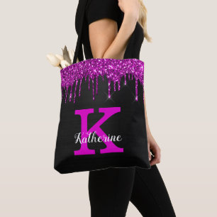 Girly Black Neon Plum Glitter Drips Monogram Name Tote Bag