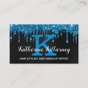 Girly Black Neon Teal Blue Glitter Drips Monogram Business Card