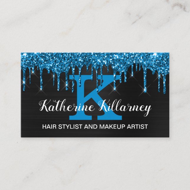 Girly Black Neon Teal Blue Glitter Drips Monogram Business Card (Front)