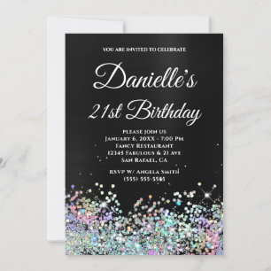 Girly Black Ombre Holo Glitter 21st Birthday Invitation