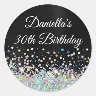 Girly Black Ombre Holo Glitter 30th Birthday Classic Round Sticker