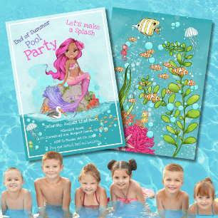 Girly Black Pink Hair Mermaid Summer Pool Party Invitation