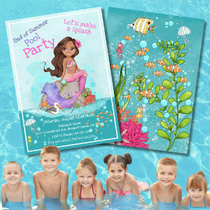 Girly Black Pink Mermaid Pool Party Invitation