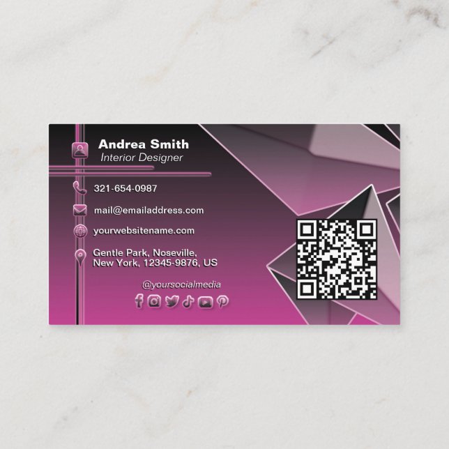 Girly Black Pink QR Code Gradient Modern Chic 3D  Business Card (Back)