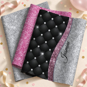 Girly Black Pink Silver Faux Glitter Monogram Wrapping Paper Sheet