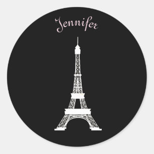 Girly Black,Pink, White French Style Eiffel Towers Classic Round Sticker