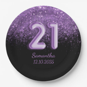 Girly Black & Purple Glitter Sparkle 21 Birthday  Paper Plate