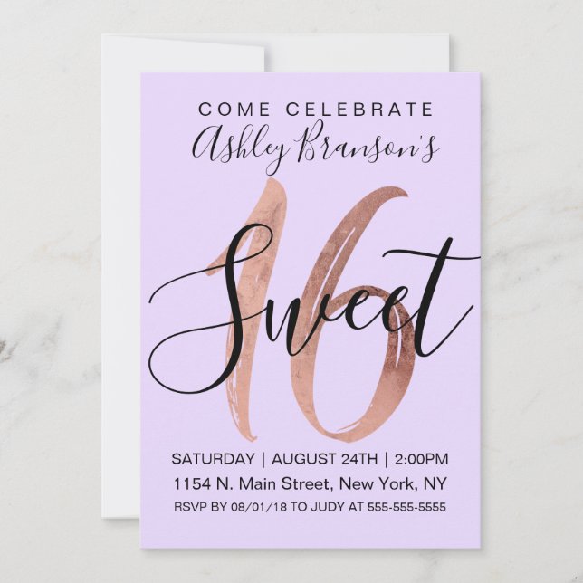 Girly Black Purple Rose Gold Foil Sweet 16 Invitation (Front)