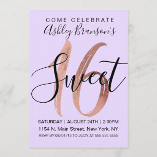 Girly Black Purple Rose Gold Foil Sweet 16 Invitation