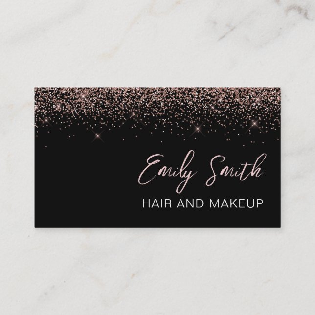 Girly Black Rose Gold Blush Pink Glitter Business Card (Front)