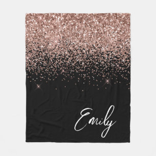 Girly Black Rose Gold Blush Pink Glitter Monogram Fleece Blanket