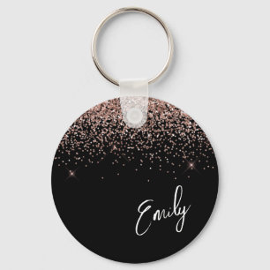 Girly Black Rose Gold Blush Pink Glitter Monogram Key Ring