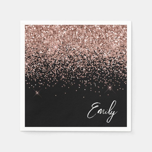 Girly Black Rose Gold Blush Pink Glitter Monogram Napkin (Front)