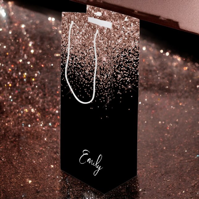 Girly Black Rose Gold Blush Pink Glitter Monogram Wine Gift Bag (Creator Uploaded)