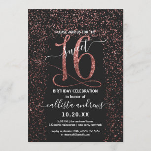 Girly Black Rose Gold Confetti Border Sweet 16 Invitation